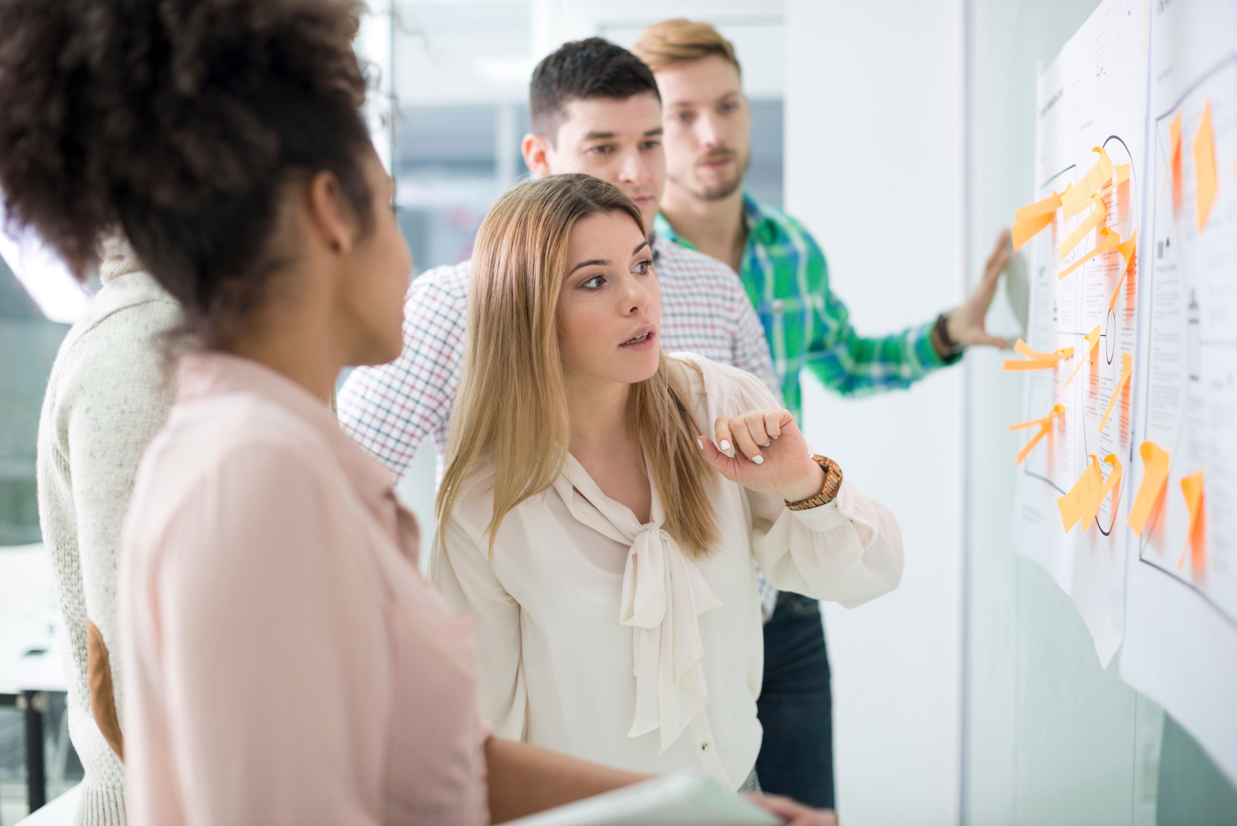 Men and women in front of whiteboard